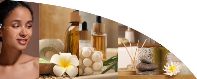 Image of Spa treatment, collage. Photo of beautiful woman applying serum, different supplies and products. Space for text