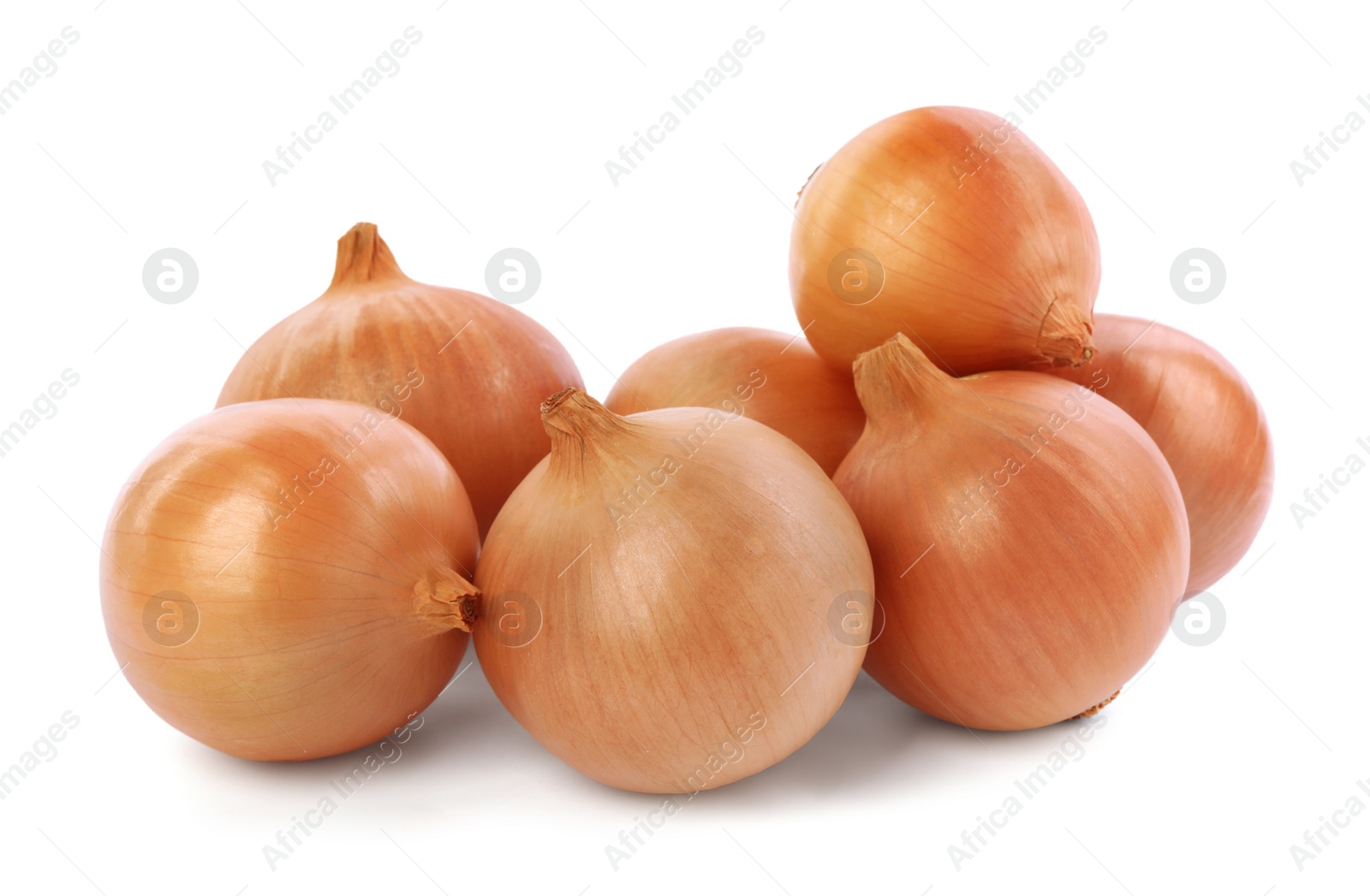 Photo of Pile of tasty fresh onions isolated on white