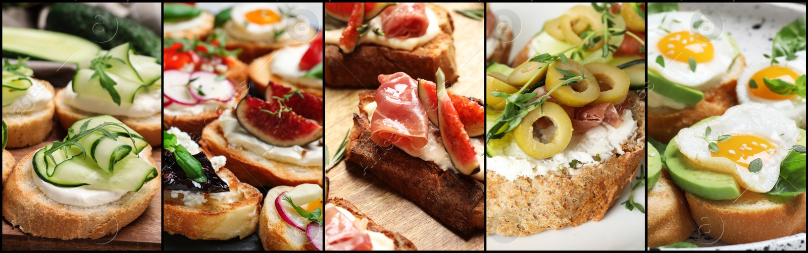 Image of Collage of different tasty bruschettas. Banner design 