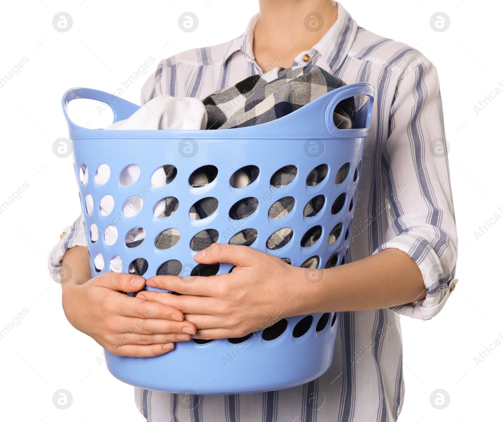 Photo of Woman with basket full of clean laundry on white background, closeup