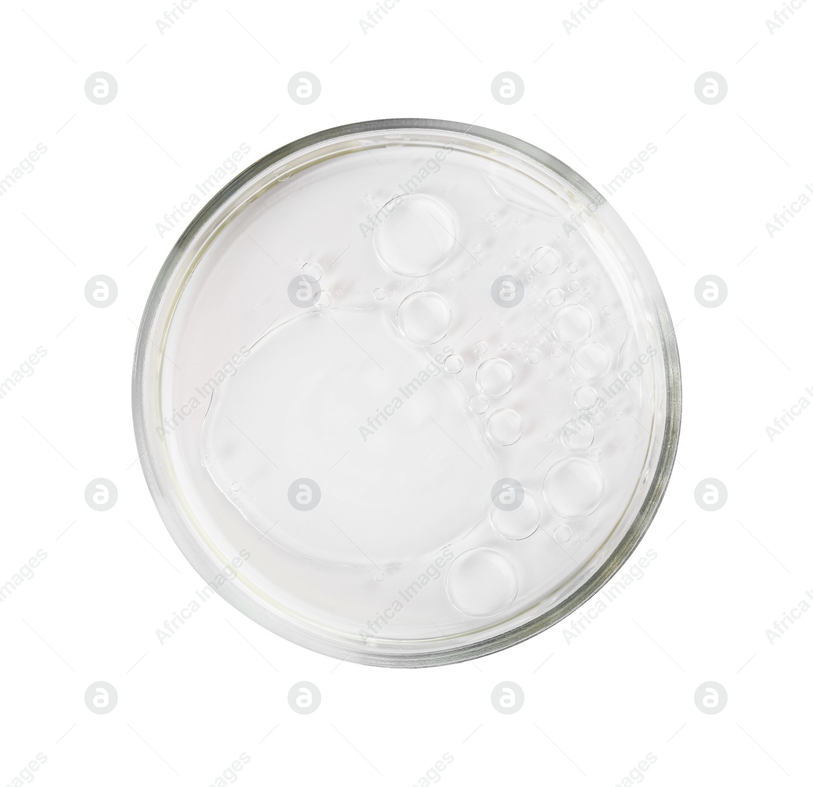 Photo of Petri dish with liquid sample isolated on white, top view