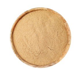 Dietary fiber. Psyllium husk powder in bowl isolated on white, top view
