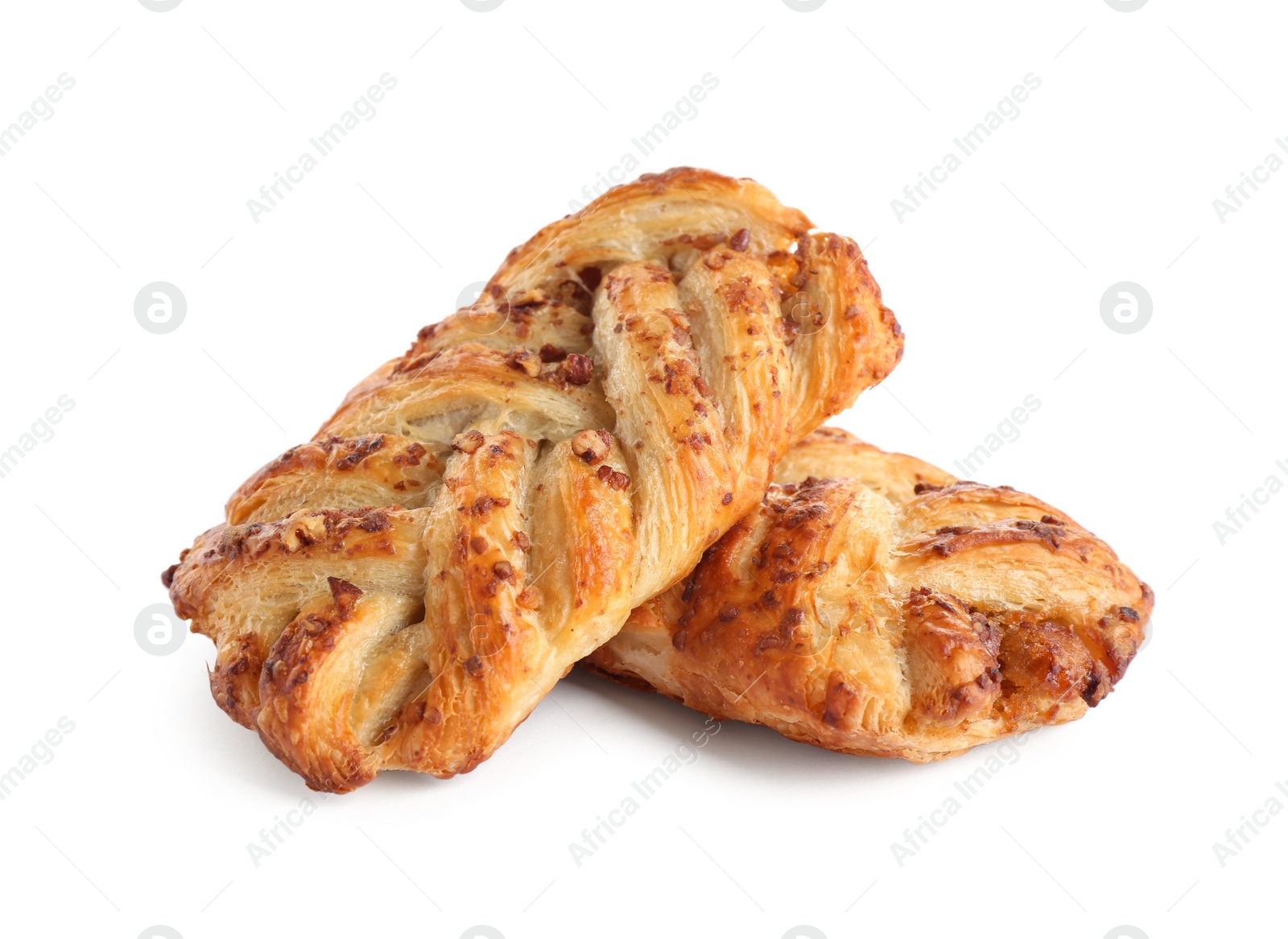 Photo of Fresh tasty puff pastry on white background