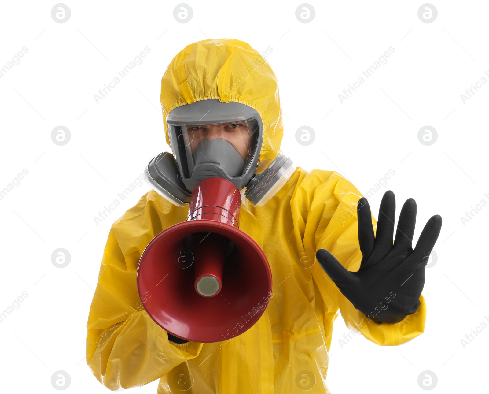 Photo of Man wearing chemical protective suit with megaphone on white background. Prevention of virus spread