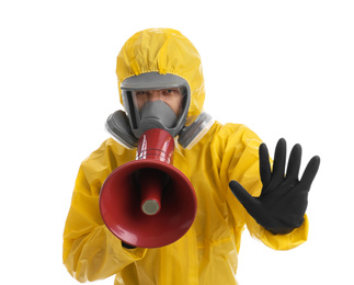 Photo of Man wearing chemical protective suit with megaphone on white background. Prevention of virus spread
