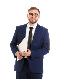 Happy young businessman holding laptop on white background