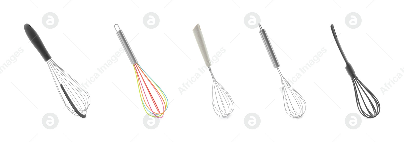 Image of Different whisks isolated on white, collection. Kitchen tool