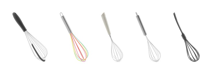 Image of Different whisks isolated on white, collection. Kitchen tool