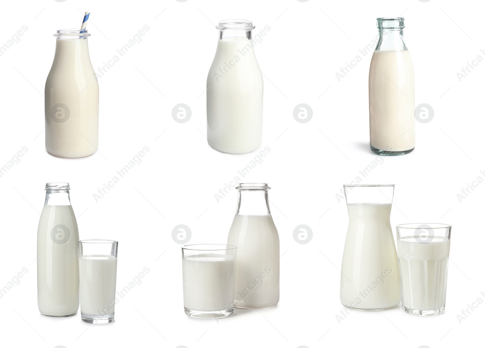 Image of Set with different glassware of fresh milk on white background