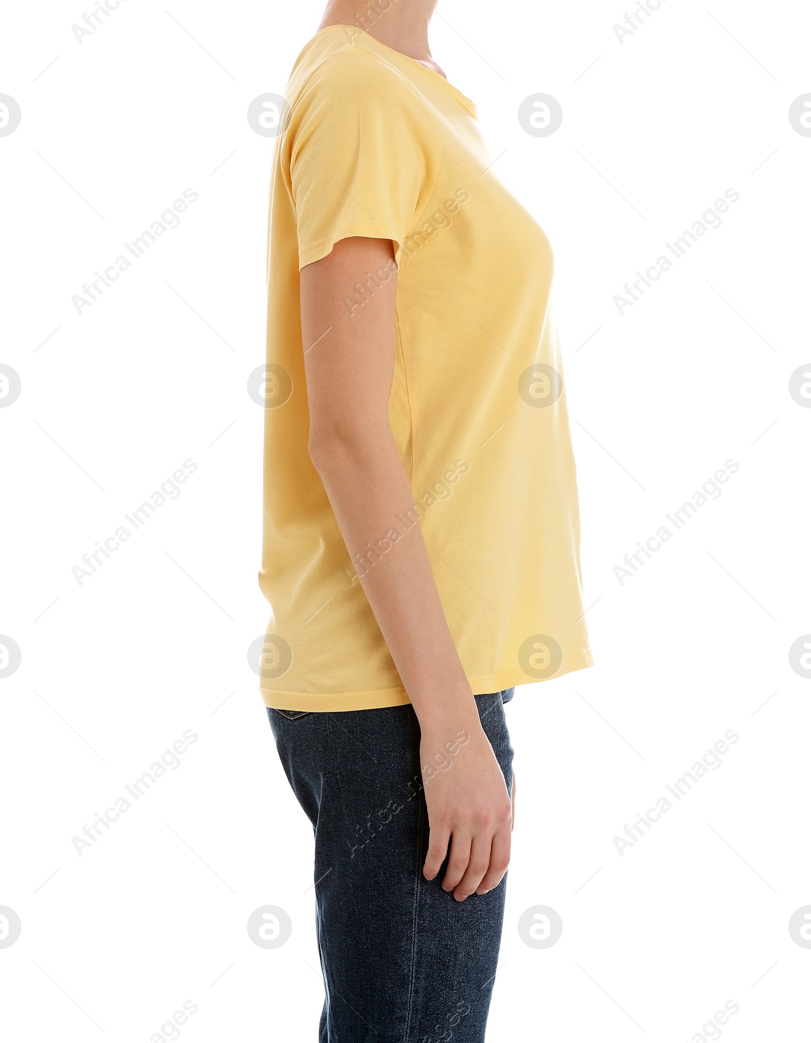 Photo of Young slim woman on white background, closeup. Weight loss