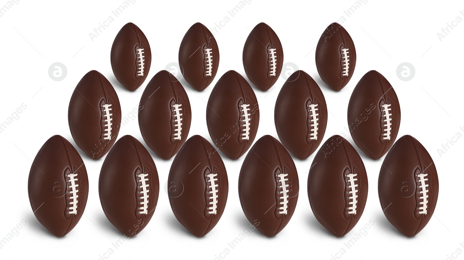 Image of Set with leather American football balls on white background. Banner design