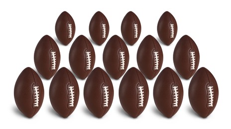 Image of Set with leather American football balls on white background. Banner design