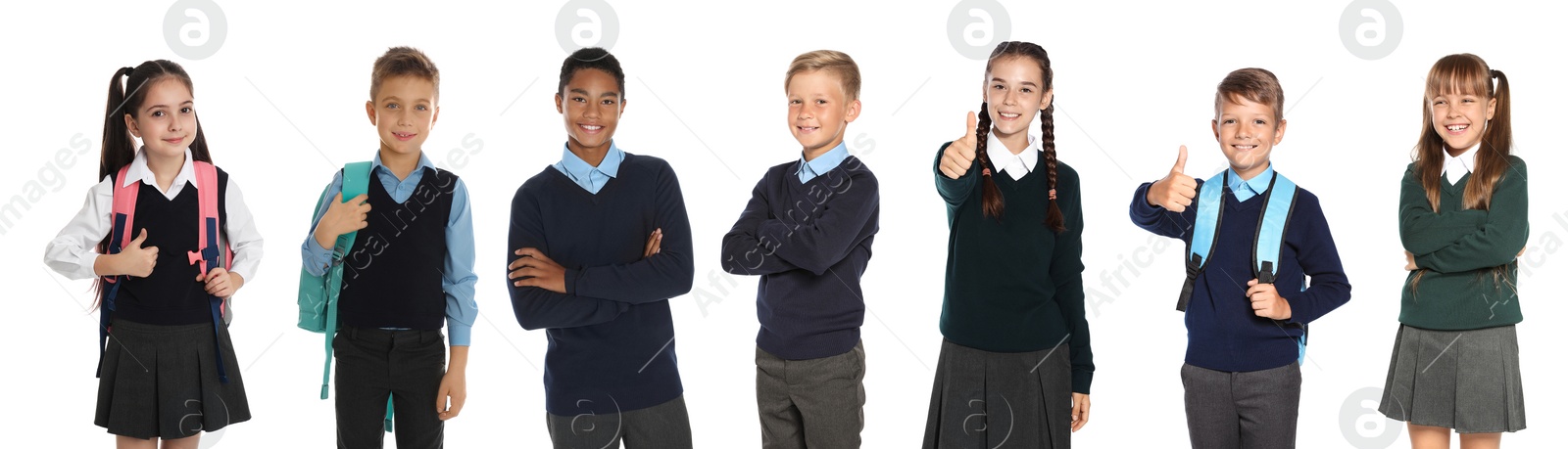 Image of Children in school uniforms on white background. Banner design