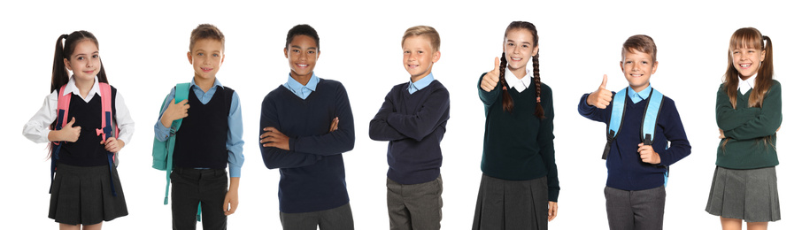 Children in school uniforms on white background. Banner design