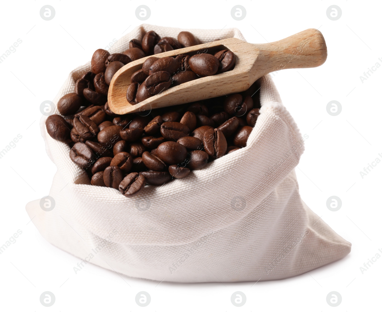 Photo of Bag and wooden scoop with roasted coffee beans isolated on white