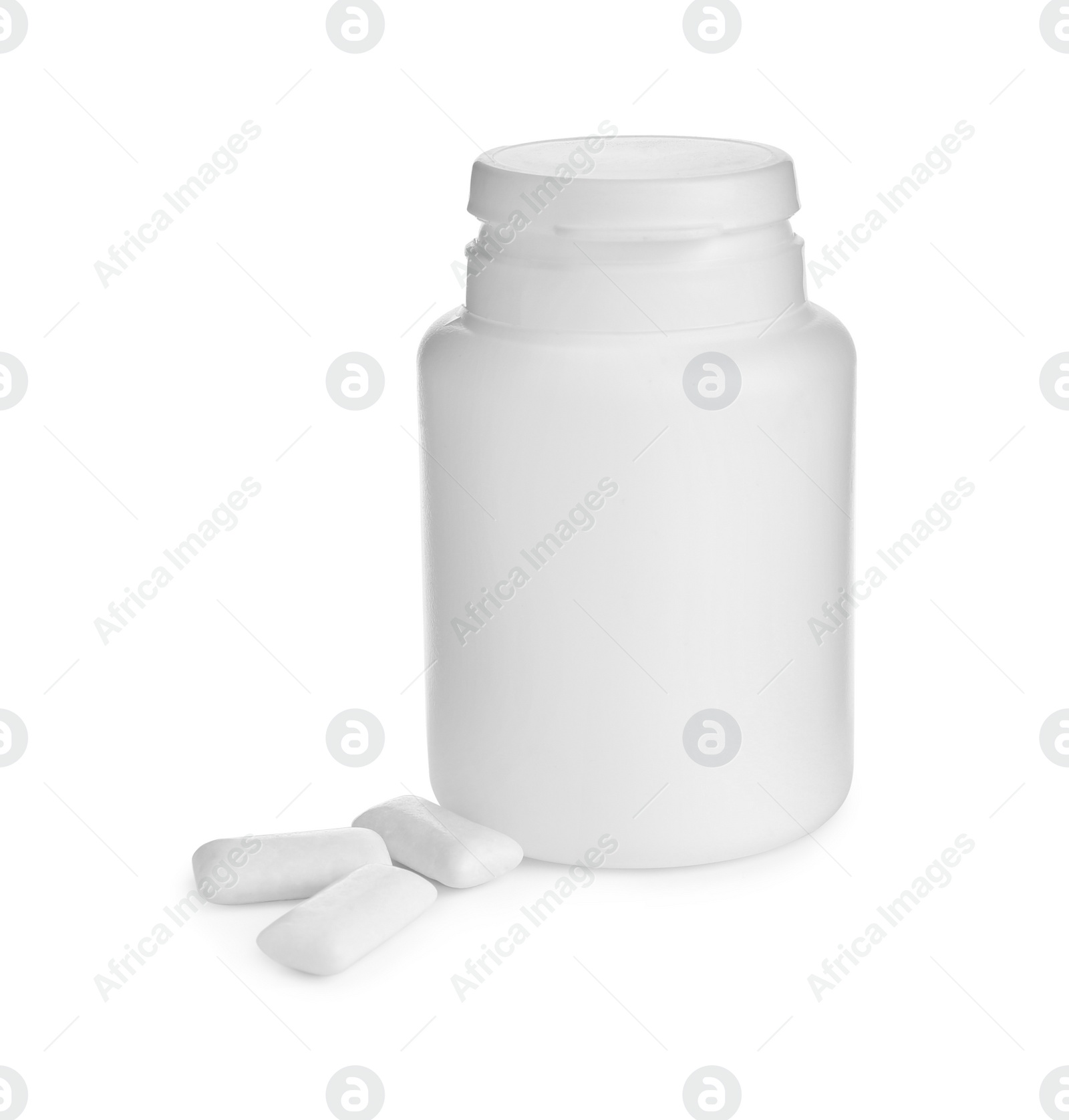 Photo of Chewing gum pieces and jar on white background