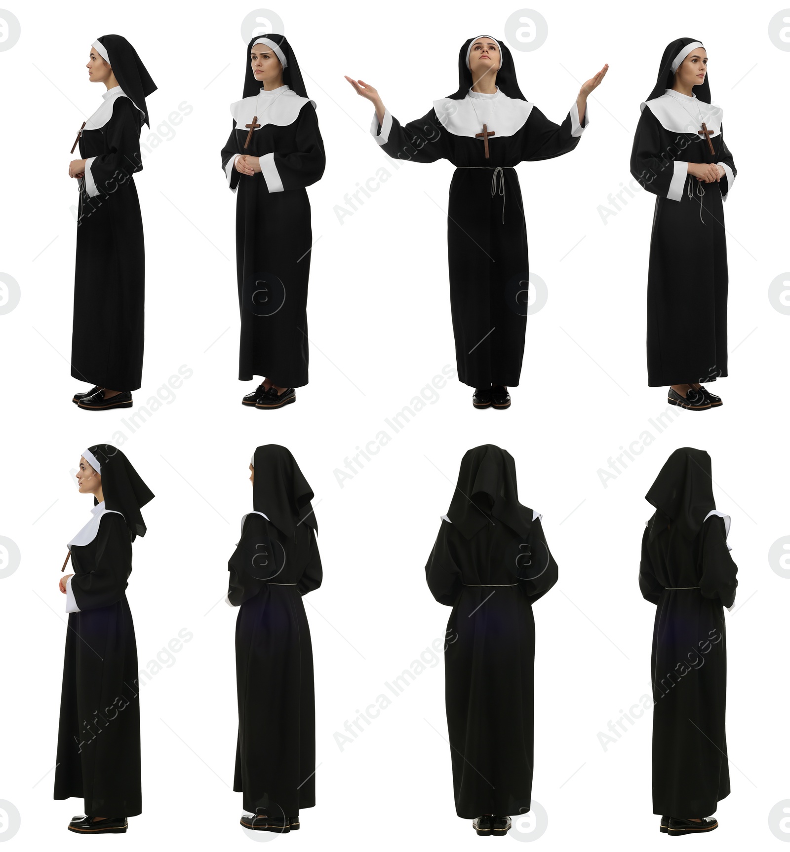 Image of Collage with photos of young nun on white background
