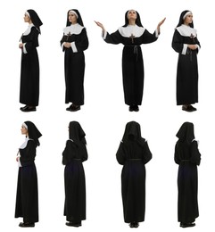 Collage with photos of young nun on white background