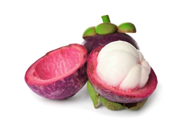 Delicious ripe mangosteen fruits on white background