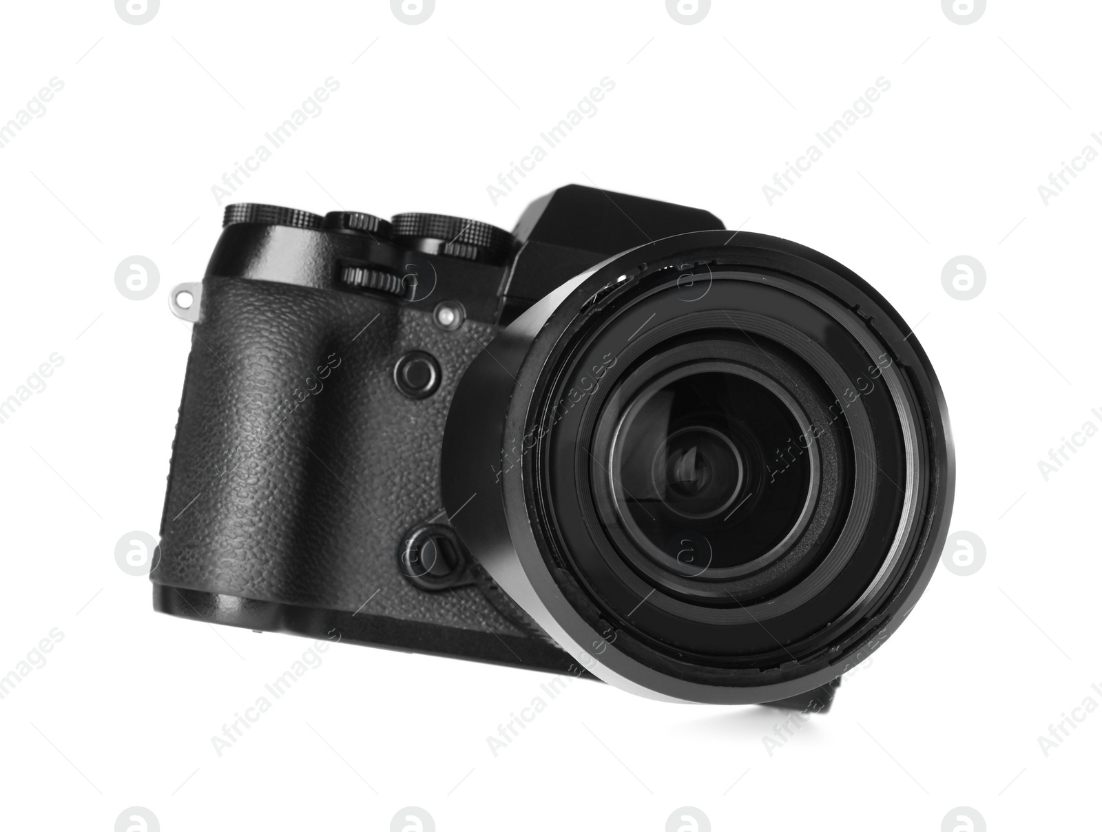 Photo of Modern digital camera isolated on white. Photography equipment