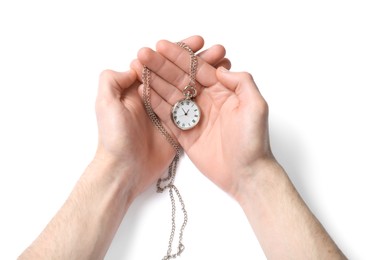 Man holding chain with elegant pocket watch on white background, top view