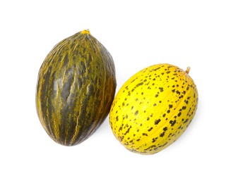 Tasty colorful ripe melons on white background, top view