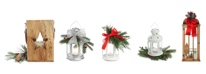 Image of Set with beautiful decorative Christmas lanterns on white background, banner design