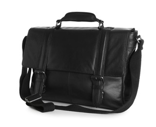 Photo of Stylish black leather briefcase isolated on white