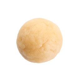 Photo of Making shortcrust pastry. Raw dough ball isolated on white, top view