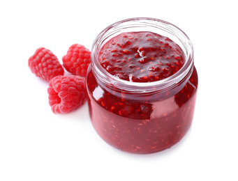 Photo of Delicious jam and fresh raspberries isolated on white