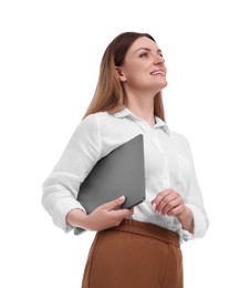 Photo of Beautiful businesswoman with laptop on white background, low angle view