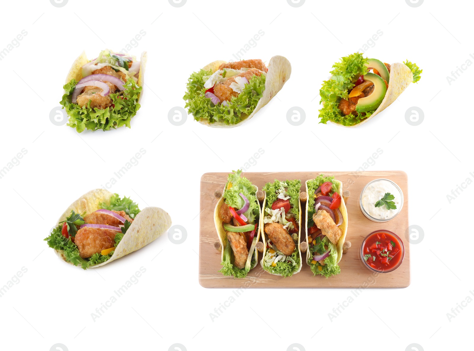 Image of Set of delicious fresh fish tacos on white background