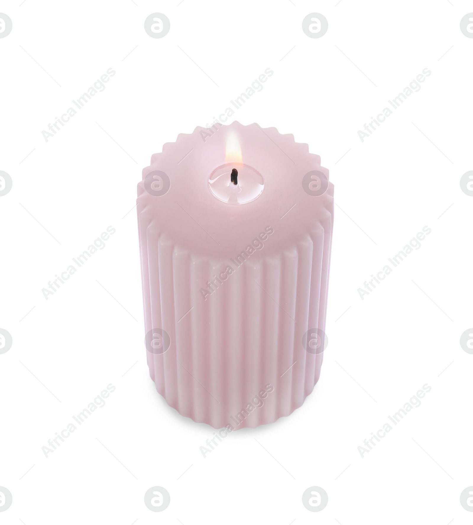 Photo of Burning elegant pink candle isolated on white