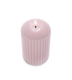 Burning elegant pink candle isolated on white