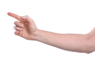 Man pointing at something on white background, closeup of hand