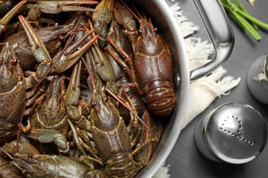 Photo of Fresh raw crayfishes in pot on black table, top view