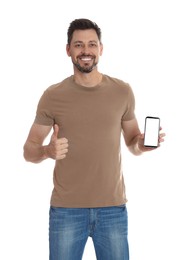 Happy man with phone on white background