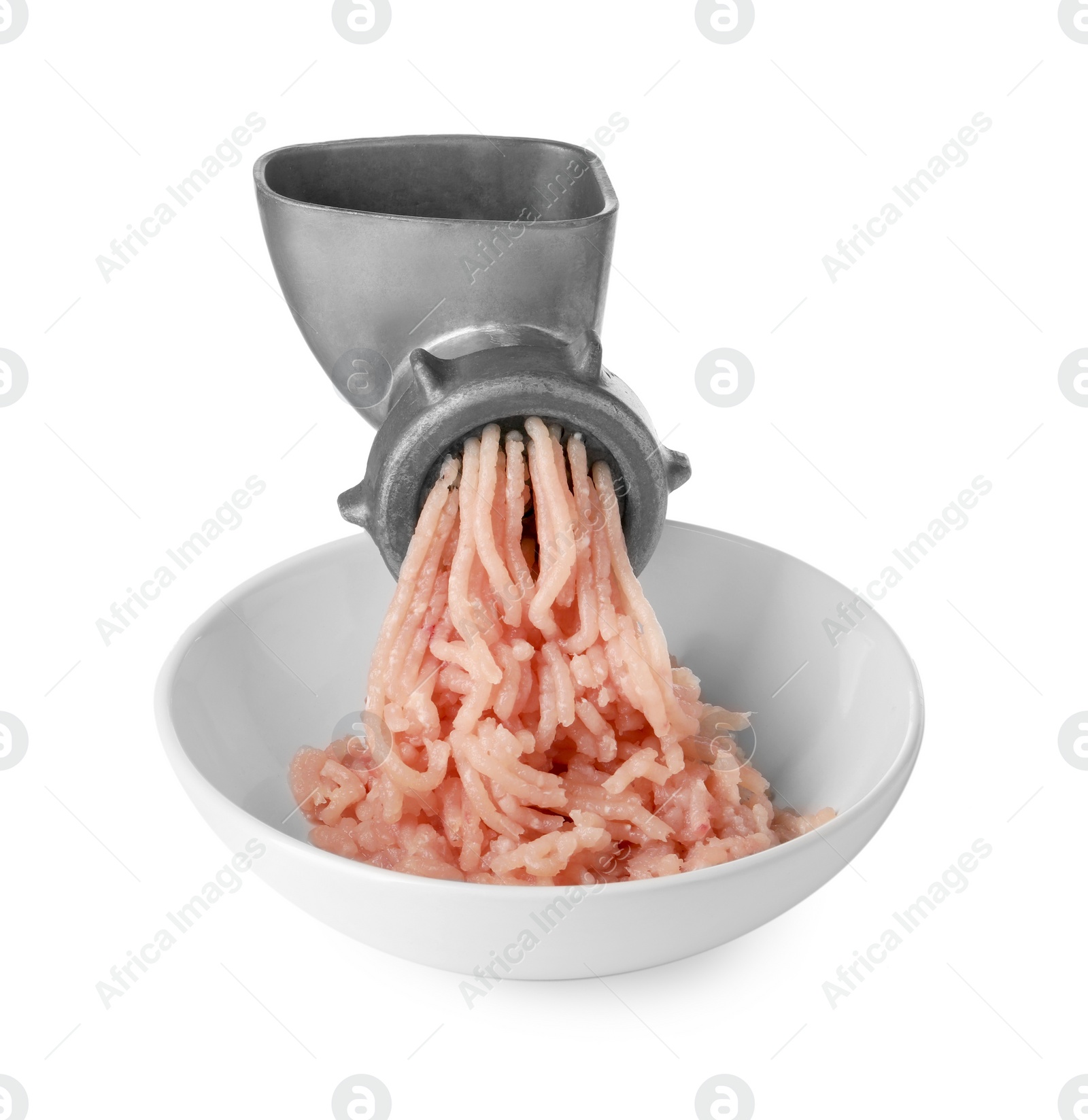 Photo of Metal meat grinder with chicken mince and bowl isolated on white