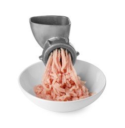 Metal meat grinder with chicken mince and bowl isolated on white
