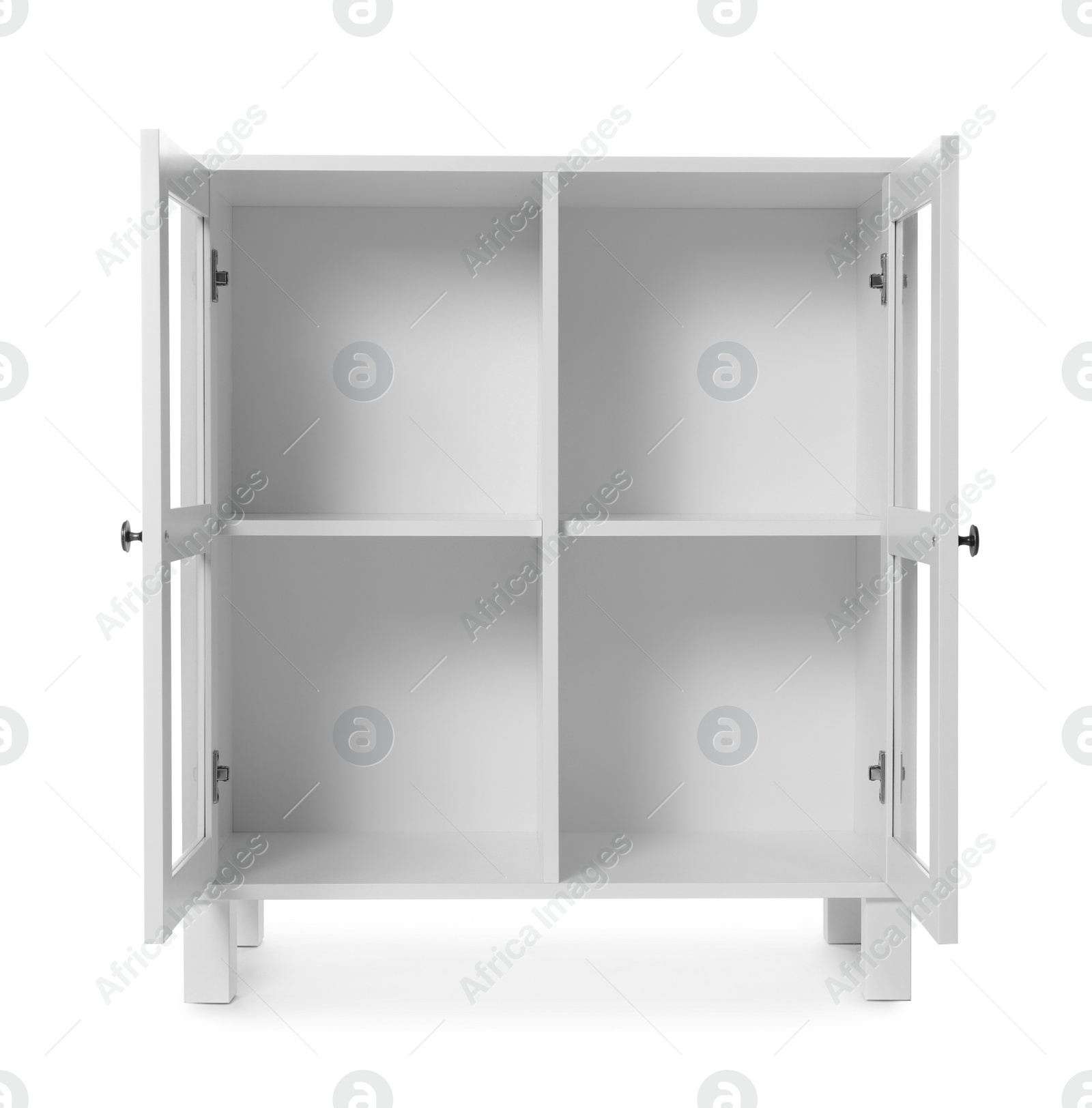 Photo of Empty wooden cabinet on white background. Stylish home furniture