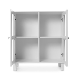 Photo of Empty wooden cabinet on white background. Stylish home furniture