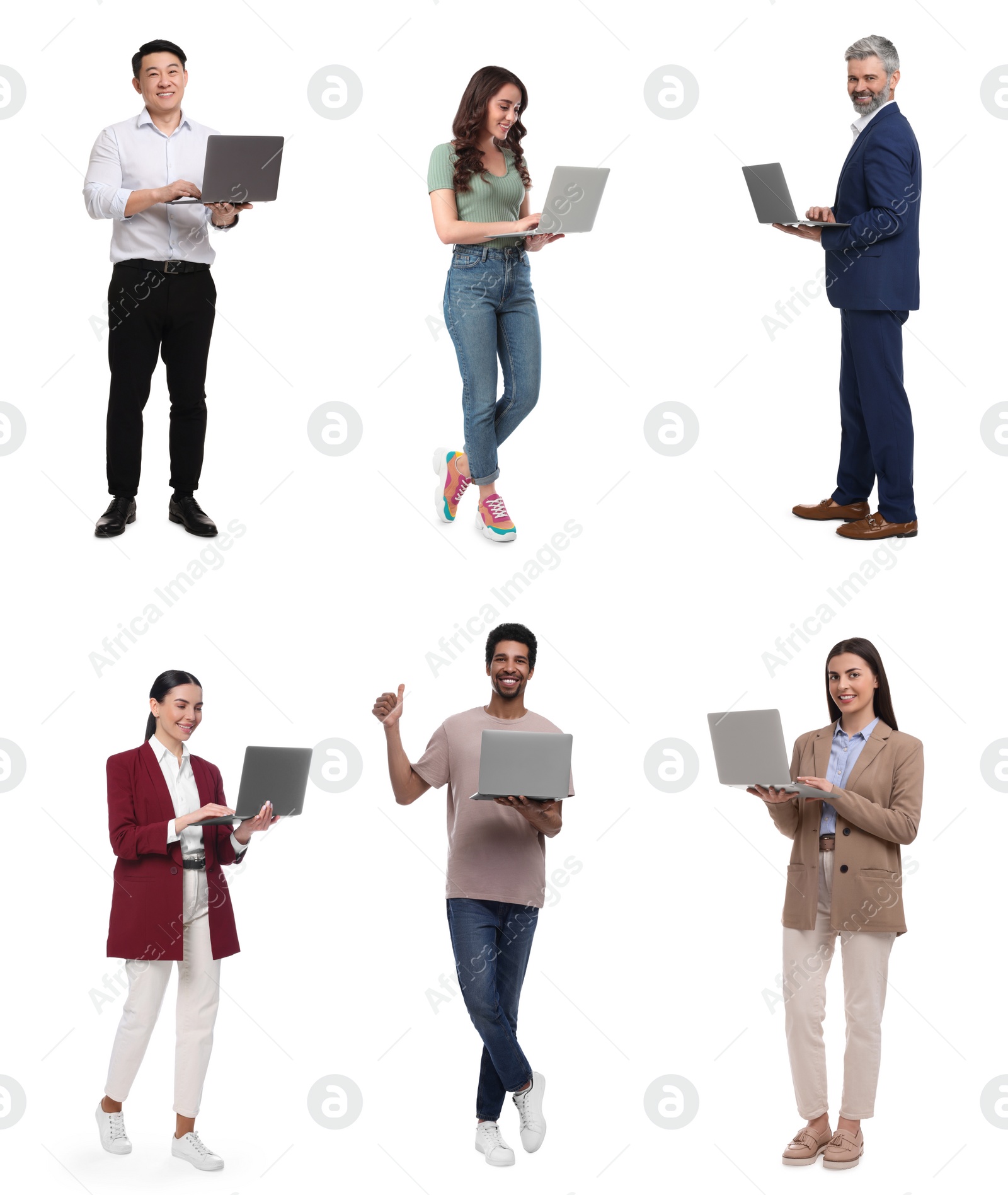 Image of People with laptops on white background, collage design