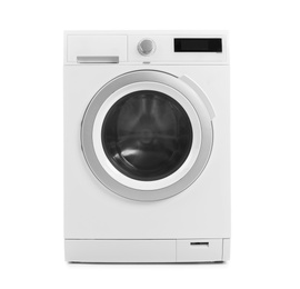 Photo of Modern washing machine on white background. Laundry day