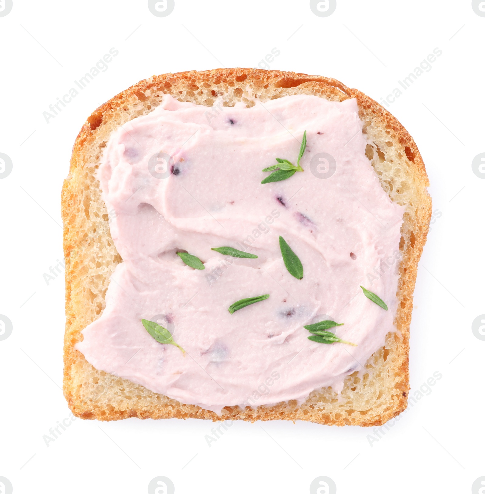 Photo of Tasty sandwich with cream cheese and thyme isolated on white, top view