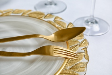 Elegant table setting on light background, closeup