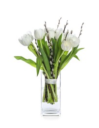 Beautiful bouquet of willow branches and tulips in vase isolated on white