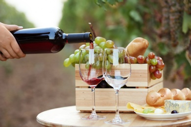 Photo of Woman pouring red wine into glass on table in vineyard