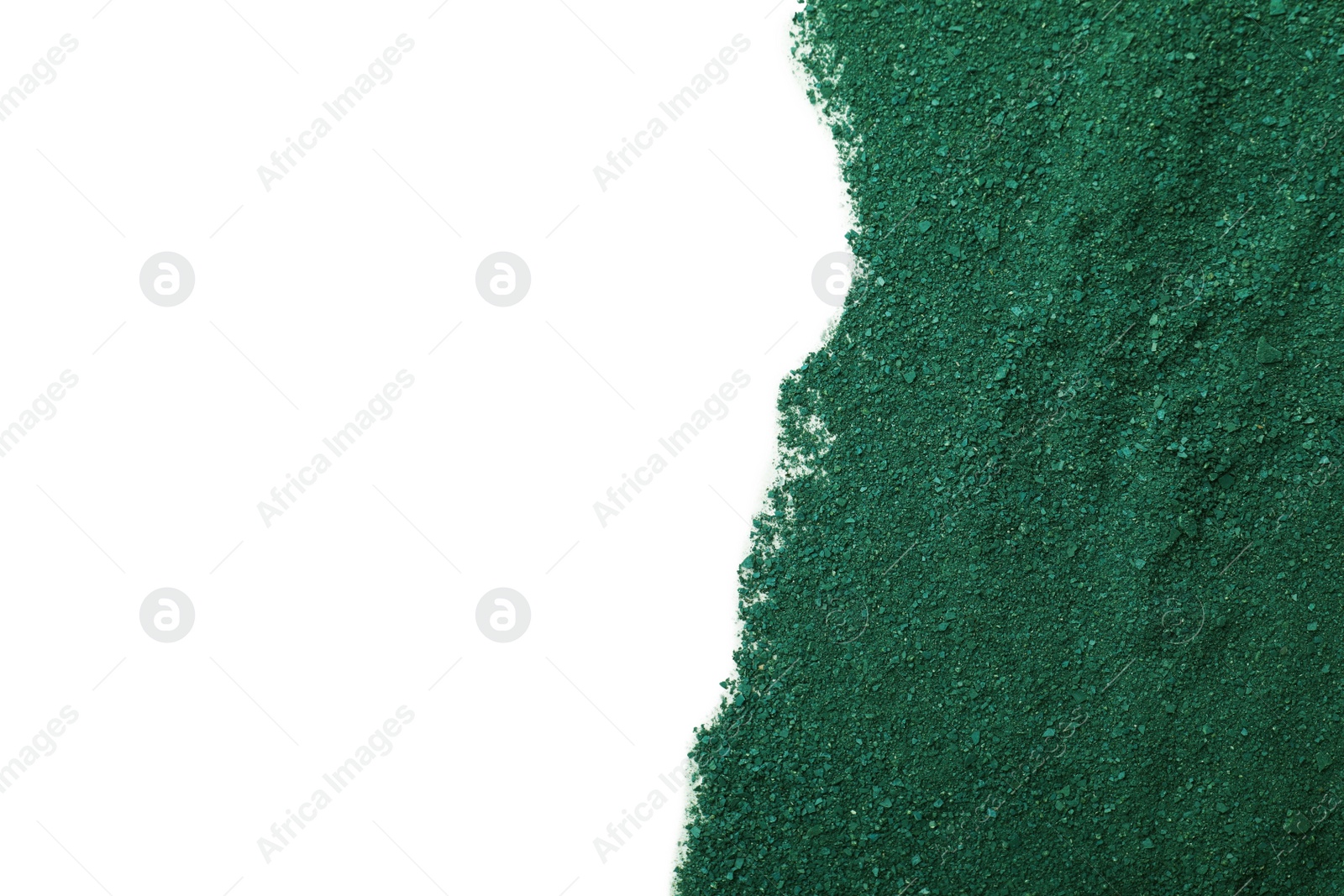 Photo of Spirulina algae powder on white background, top view with space for text