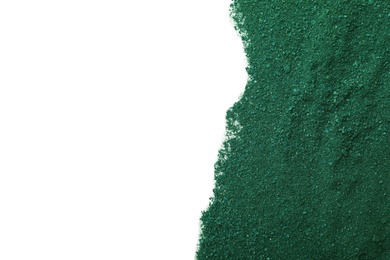 Photo of Spirulina algae powder on white background, top view with space for text