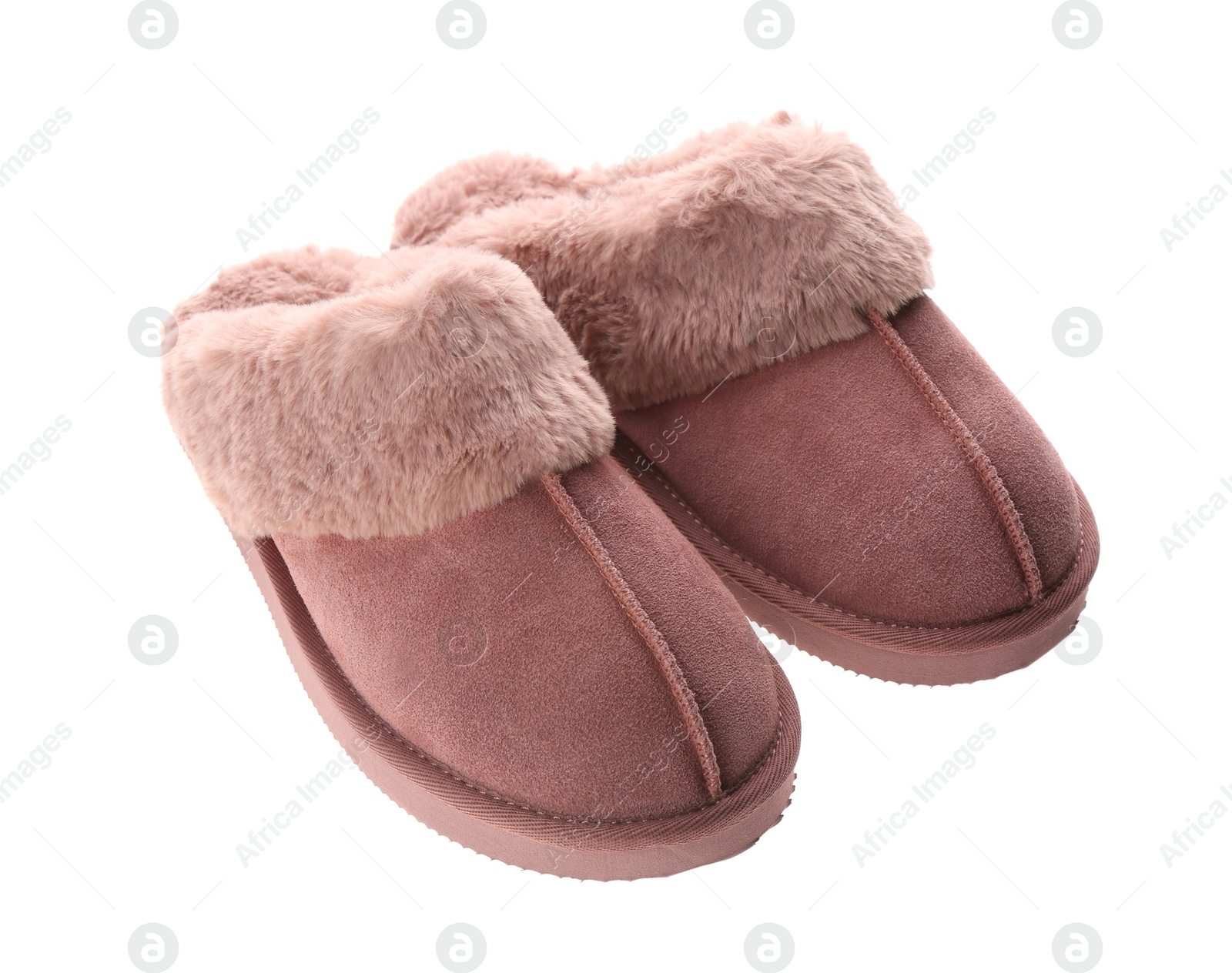 Photo of Pair of stylish soft slippers on white background